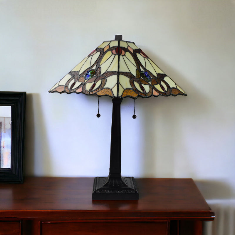 Metal Two Light Candlestick Table Lamp With Beige Empire Shade - Dark Brown