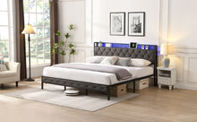 Load image into Gallery viewer, King Bed Frame with Storage Headboard, Charging Station and LED Lights, Upholstered Platform Bed with Heavy Metal Slats, No Box Spring Needed, Noise Free, Easy Assembly, Dark Gray
