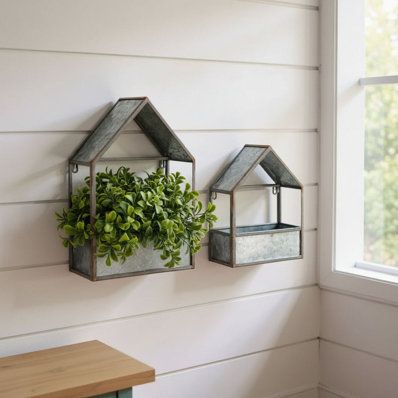 Galvanized Novelty House Shaped Hanging Planters (Set of 2) - Gray