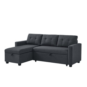 Upholstered Pull Out Sectional Sofa with Storage Chaise, Convertible Corner Couch, Dark Grey