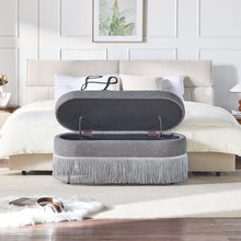 Load image into Gallery viewer, Oval Upholstered Storage Ottoman With Fringe Trim &amp; Lift Top Lid
