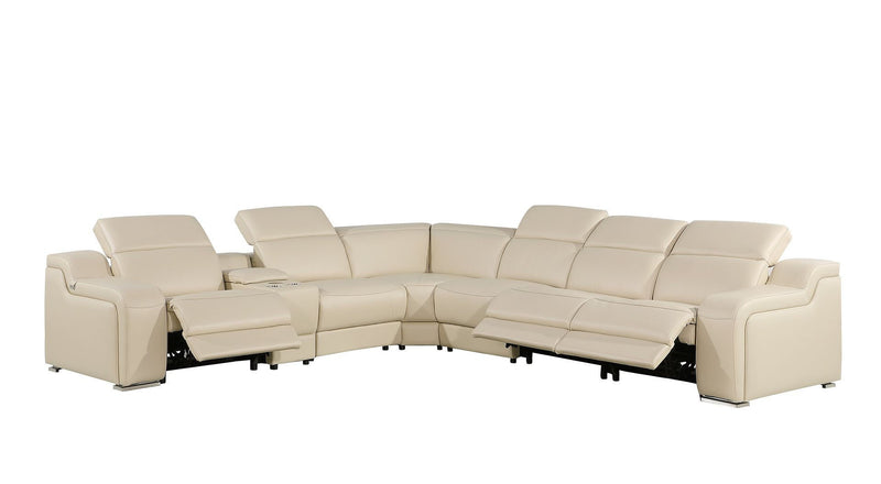 Italian Leather Power Reclining Curved 7 Piece Corner Sectional With Console - Beige