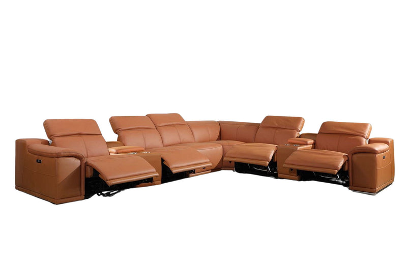Italian Leather Power Reclining Eight Piece Corner Sectional With Console - Camel