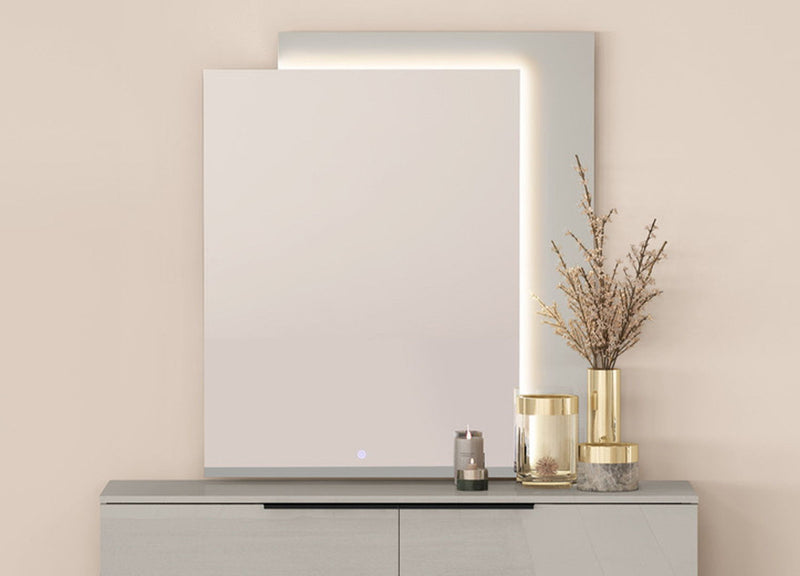 Wood Lighted Wall Mounted And Dresser Mount Geometric Framed Dresser Mirror - Light Gray