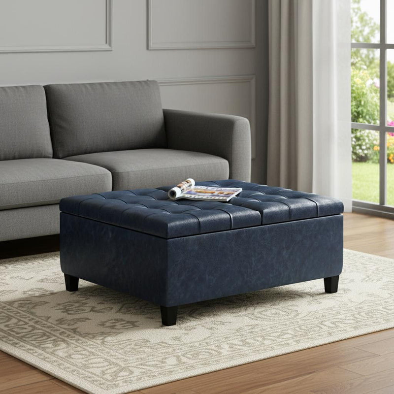 Transitional Leather Cocktail Ottoman With Storage - Blue / Espresso