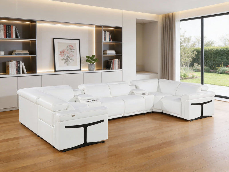 Leather Power Reclining U Shaped Eight Piece Corner Sectional With Console - White