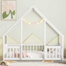 Load image into Gallery viewer, Wood House-Shaped Floor Bed With Fence, Guardrails
