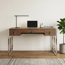 Load image into Gallery viewer, 62" Brown and Silver Writing Desk With Four Drawers

