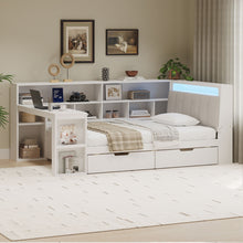 Load image into Gallery viewer, L Shaped Daybed With Desk, Bookcase, Upholstered Headboard, Drawers, And LED Light
