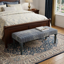 Load image into Gallery viewer, 47" Blue And Cream Abstract Design Blue Leg Upholstered Bench
