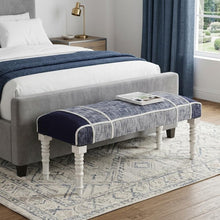 Load image into Gallery viewer, 47" Blue And Gray Textural White Leg Upholstered Bench
