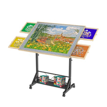 Load image into Gallery viewer, 360 Degree Tilting Wooden Puzzle Table With 1500 Pieces, Rolling Design With Adjustable Height, Drawer, And Protective Cover - Black / Natural Wood
