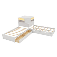 Load image into Gallery viewer, L-Shaped Bed Frame With Trundle, Built In Desk &amp; LED Lighting
