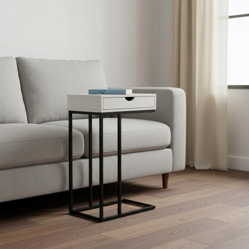 Laminate And Iron End Table With Drawer - White And Black