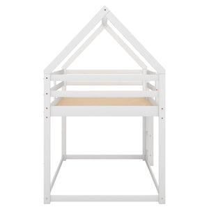 Twin over Twin Low Bunk Bed, House Bed with Ladder , White(OLD SKU:WF197808AAK)