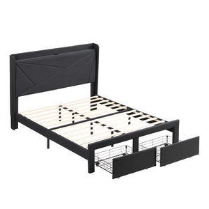 Queen Size Bed Frame with 2 Storage Drawers, Upholstered Bed Frame with Wingback Headboard Storage Shelf Built-in USB Charging Stations and Strong Wood Slats Support, No Box Spring Needed, Dark Gray