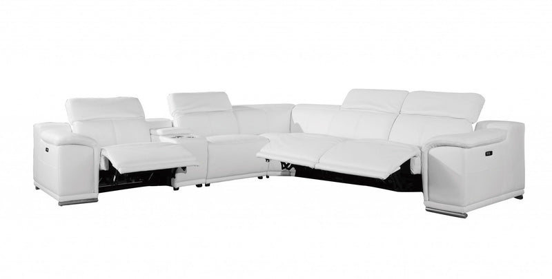 Italian Leather Power Reclining U Shaped Six Piece Corner Sectional With Console - White