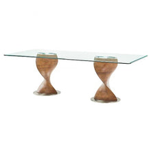 Load image into Gallery viewer, 95" Clear And Brown Glass And Solid Wood Double Pedestal Base Dining Table
