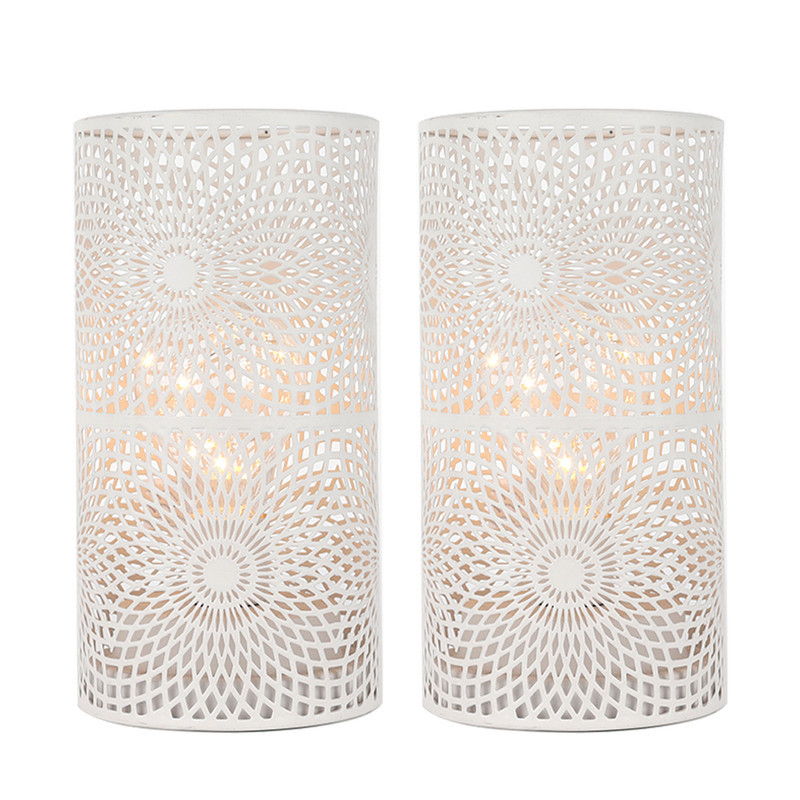 8" Metal Pierced Geometric Battery Operated Lamps With Cylinder Shades (Set of 2) - White