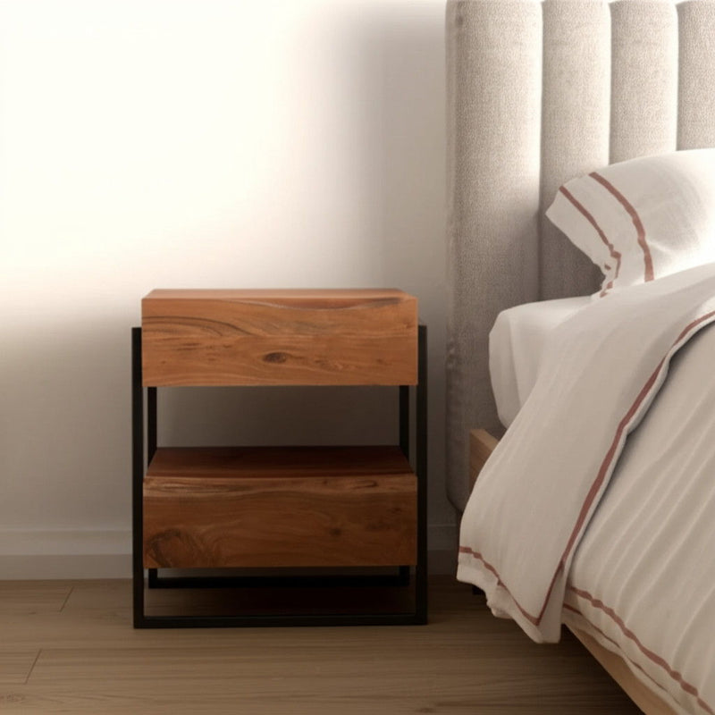 Iron And Solid Wood Live Edge Two Drawer Nightstand - Black And Brown