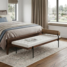 Load image into Gallery viewer, 72" Ivory Brown And Black Tufted Cotton Wood And Metal Cushioned Bench With Pillow
