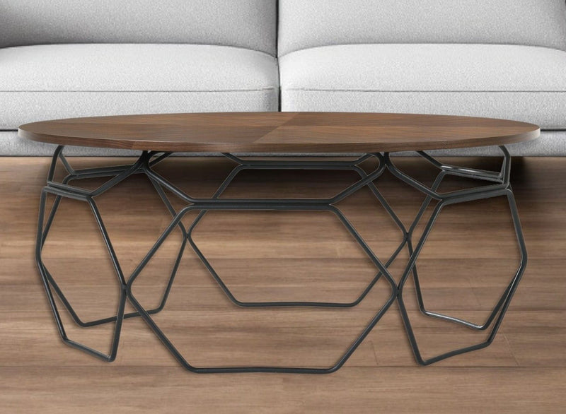 36" Solid Wood And Metal Round Coffee Table - Brown And Black