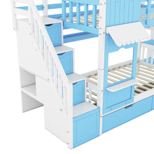 Load image into Gallery viewer, Twin-Over-Twin Castle Style Bunk Bed with 2 Drawers 3 Shelves and Slide - Blue
