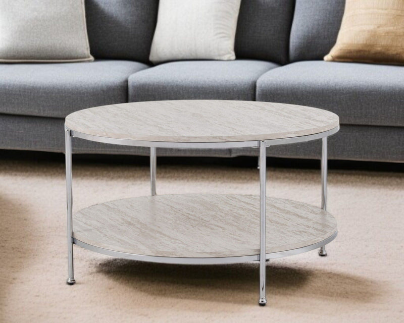 Faux Marble Metal Round Coffee Table - Chrome