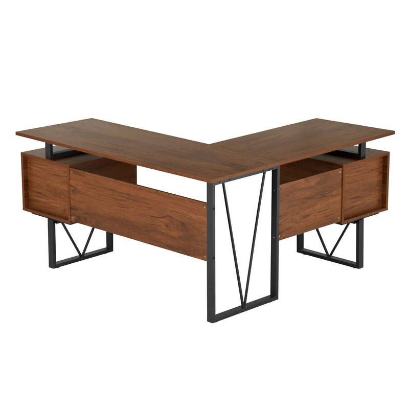 L Shape Pedestal Computer Desk With Three Drawers - Walnut / Gray
