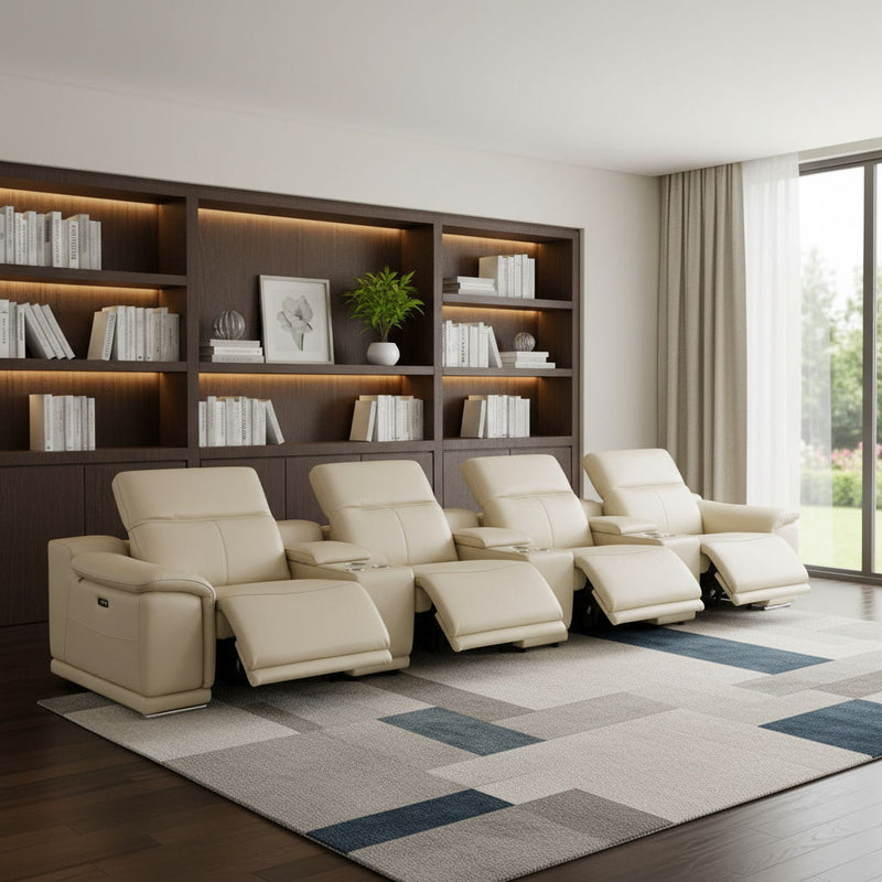 Italian Leather Reclining Metal USB Sofa (720411) - Beige