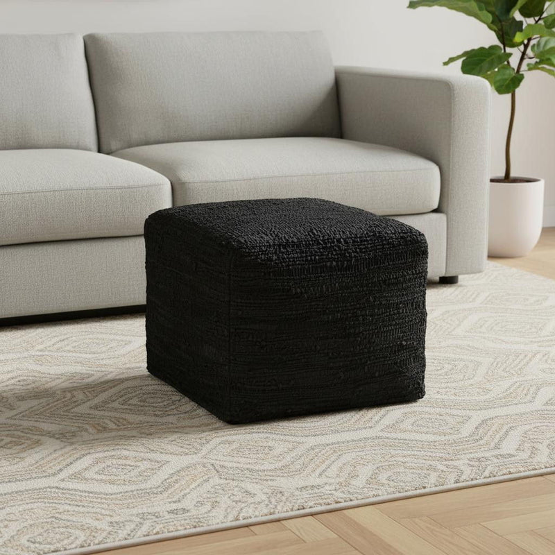 Leather Pouf Ottoman - Black