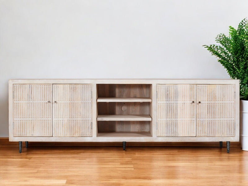 92" Carved Geometric Distressed Solid Wood Enclosed And Open Storage TV Stand - Ivory