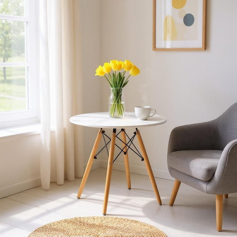 30" Rounded Fiberglass And Solid Wood Dining Table - White