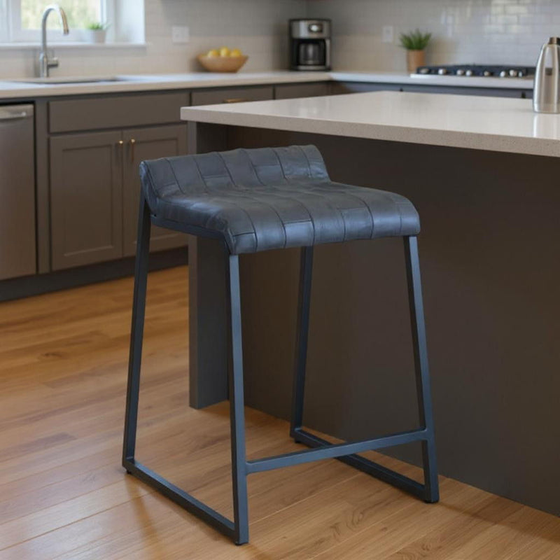Leather Low Back Counter Height Bar Chair With Footrest 27" - Dark Gray