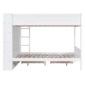 Full over Full Bunk Bed With 2 Drawers and Multi-layer Cabinet, White