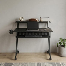 Load image into Gallery viewer, 47" Black Wood and Metal Rolling Computer Desk
