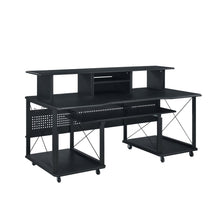 Load image into Gallery viewer, 72" Black Wood and Metal Rolling Computer Desk
