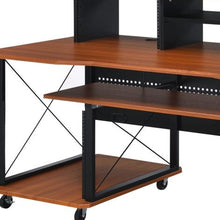 Load image into Gallery viewer, 72" Brown and Black Wood and Metal Rolling Computer Desk
