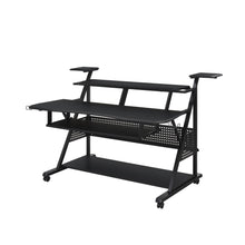 Load image into Gallery viewer, 67" Black Wood and Metal Rolling Computer Desk
