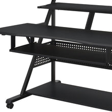 Load image into Gallery viewer, 67" Black Wood and Metal Rolling Computer Desk
