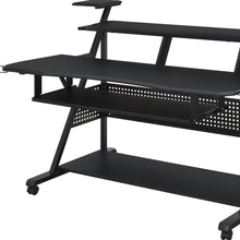 Load image into Gallery viewer, 67" Black Wood and Metal Rolling Computer Desk
