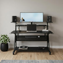 Load image into Gallery viewer, 67" Black Wood and Metal Rolling Computer Desk
