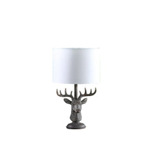 Load image into Gallery viewer, 18" Antiqued Bronzed Stag Bust Table Lamp With White Drum Shade
