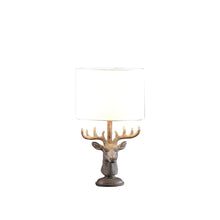 Load image into Gallery viewer, 18" Antiqued Bronzed Stag Bust Table Lamp With White Drum Shade
