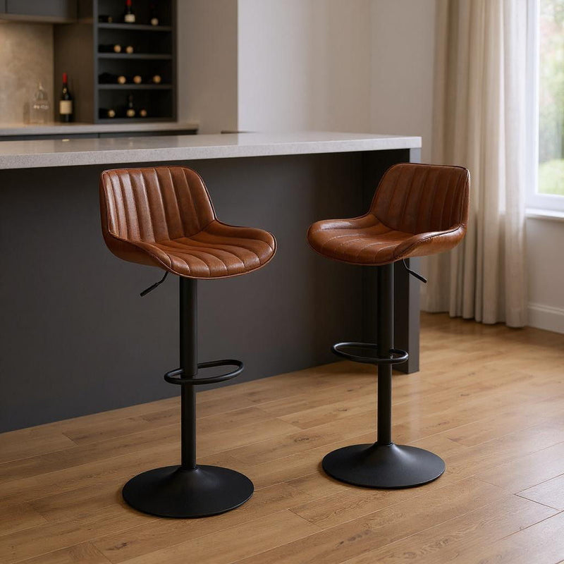 Faux Leather And Steel Swivel Low Back Adjustable Height Bar Chairs With Footrest 42" (Set of 2) - Brown Black
