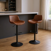 Load image into Gallery viewer, Faux Leather And Steel Swivel Low Back Adjustable Height Bar Chairs With Footrest 42" (Set of 2) - Brown Black
