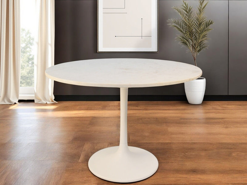 40" Rounded Marble And Iron Pedestal Base Dining Table - White