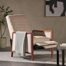Load image into Gallery viewer, Mid Century Modern Fabric Channel Stitch Wood Pushback Recliner
