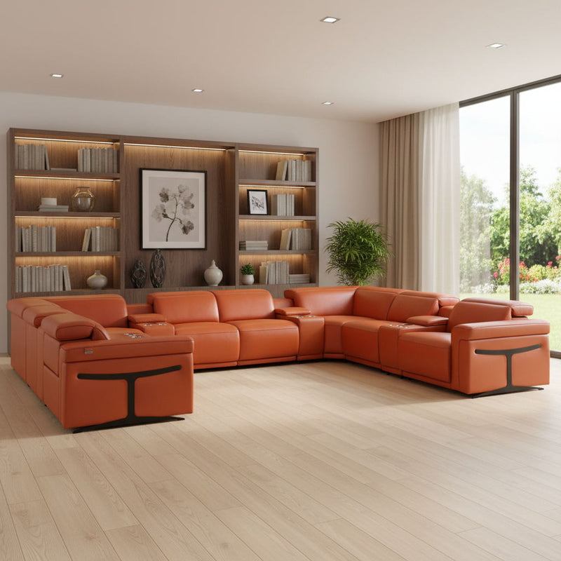 Italian Leather Power Reclining U Shaped Twelve Piece Sectional With Console - Camel