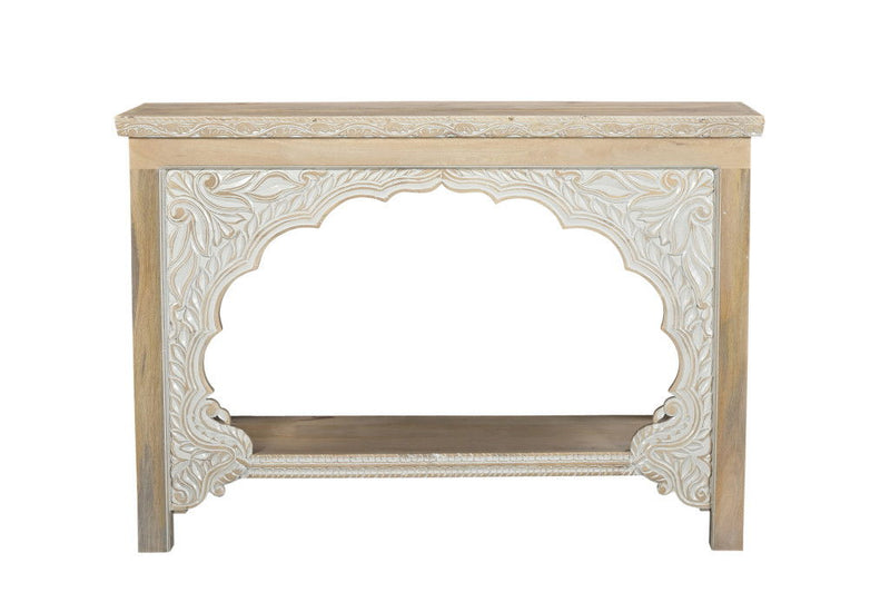 56" Solid Wood Distressed Console Table With Shelf - Natural And White